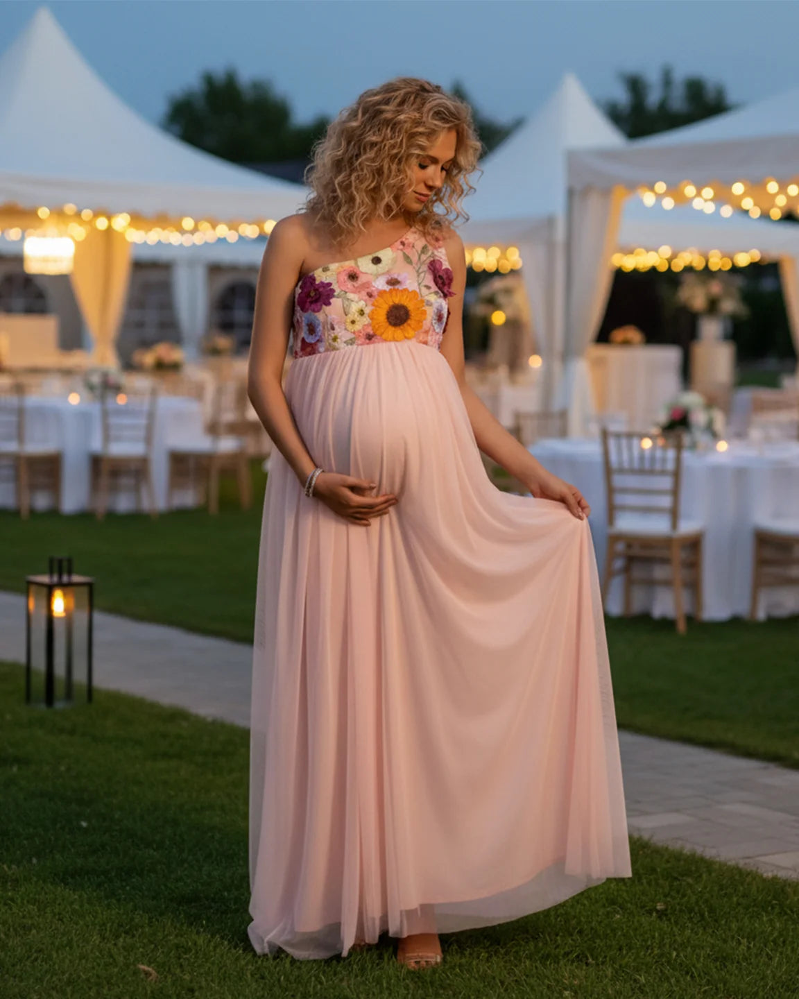 One Shoulder Flowing Mesh Skirt Maternity Maxi Dress