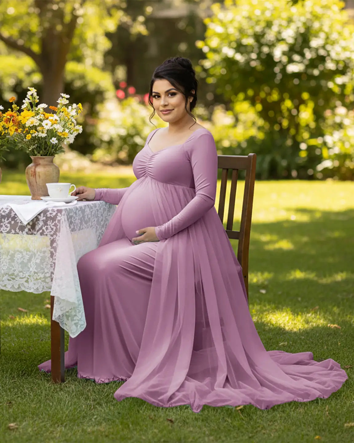 Sheer Mesh Flowy Train Maternity Maxi Dress