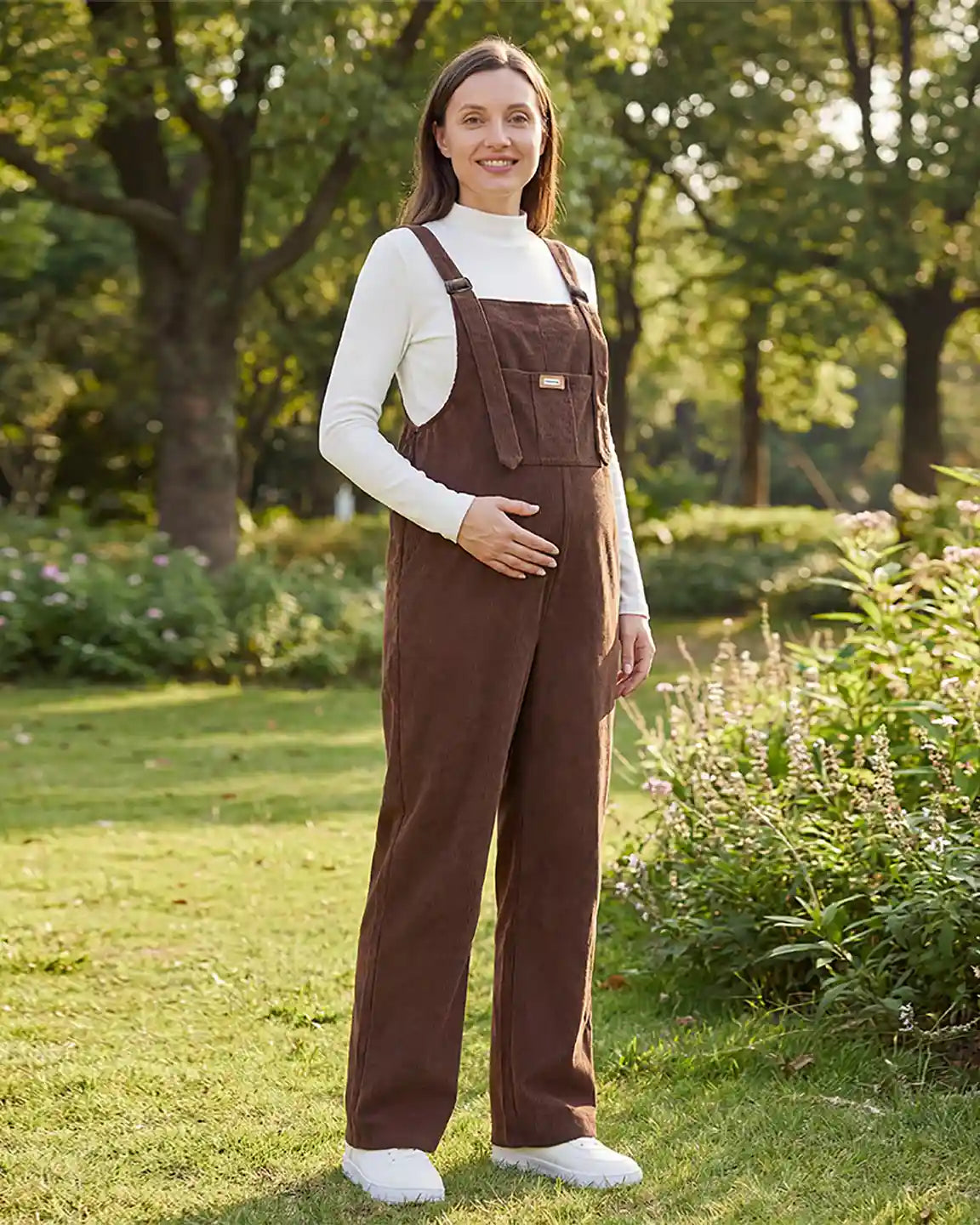 Knitted Belly Support Adjustable Corduroy Maternity Jumpsuit