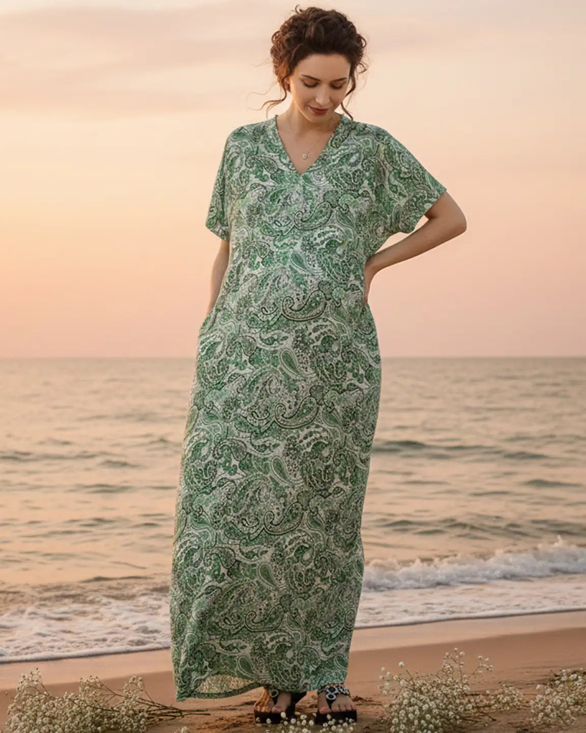 V-neck Ethnic Floral Print Maternity Maxi Dress