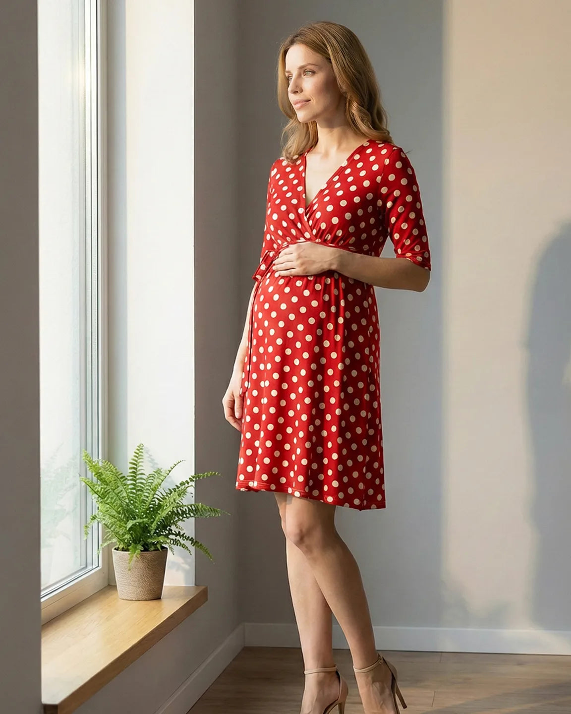 Adjustable Waist Polka Dot Maternity Dress