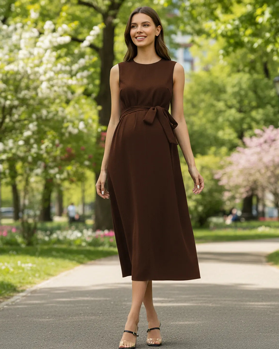 Tie-Waist V-Neck Maternity Midi Dress