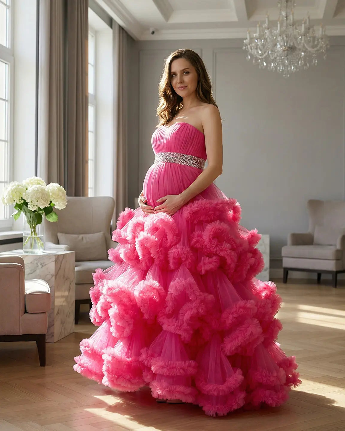 Strapless Bodice Multi-Layered Ruffled Skirt Maternity Photoshoot Dress