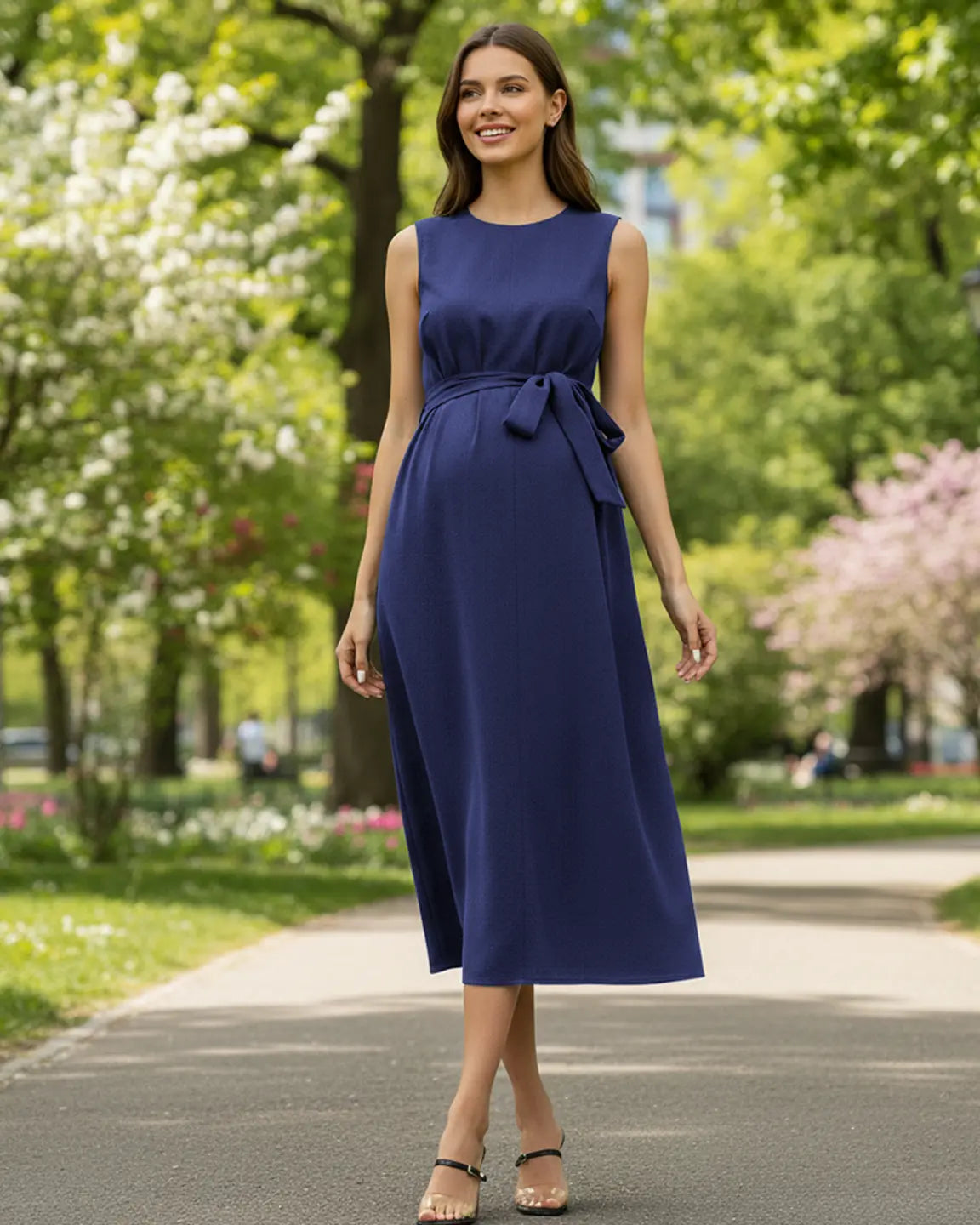 Tie-Waist V-Neck Maternity Midi Dress