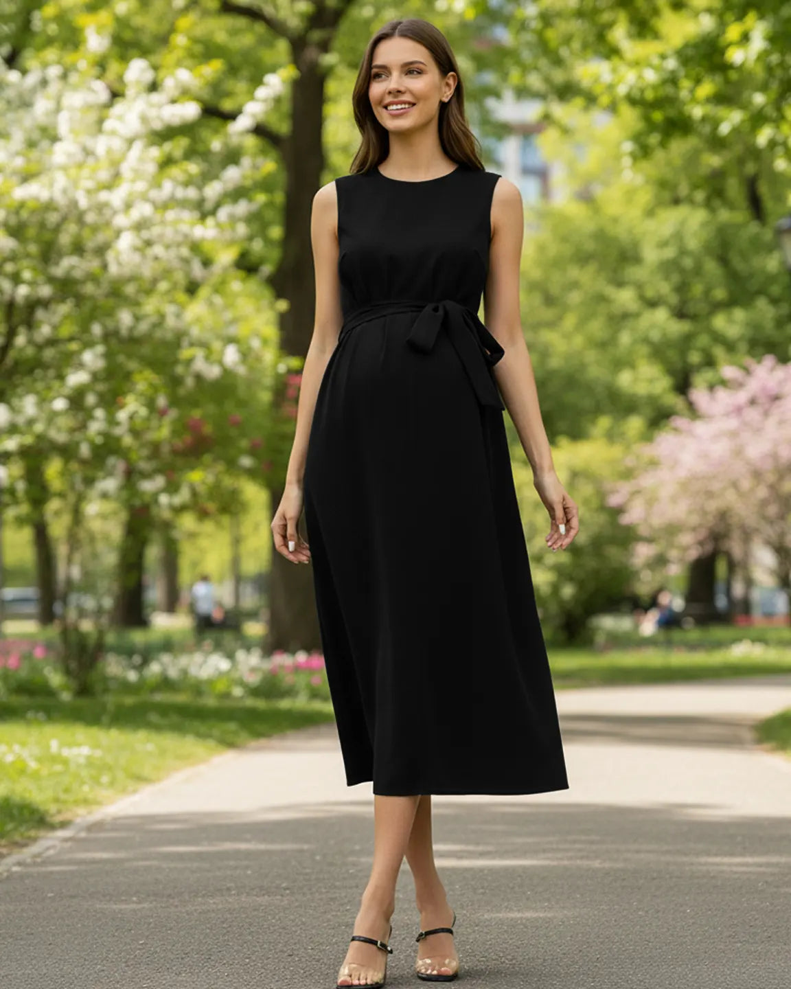 Tie-Waist V-Neck Maternity Midi Dress