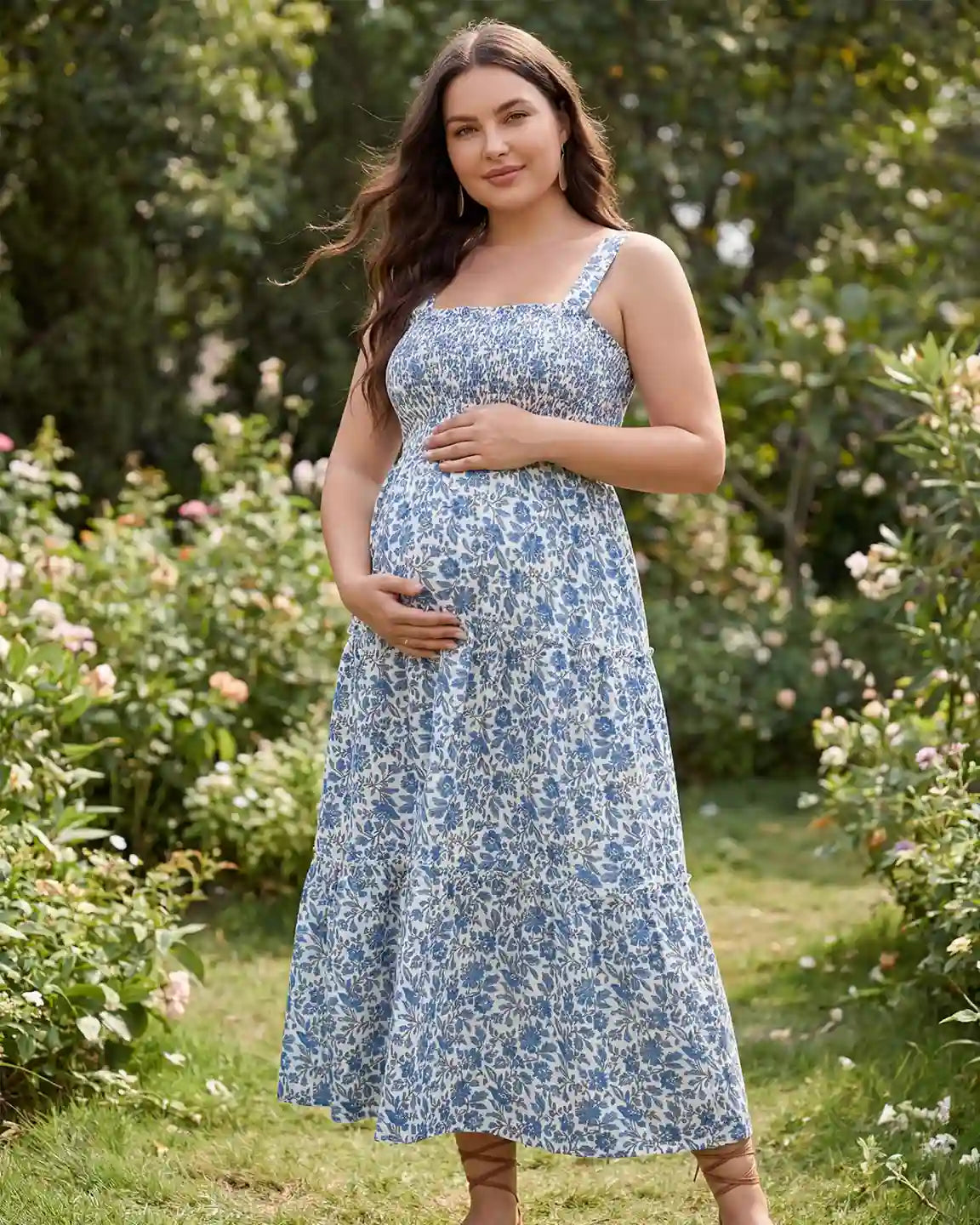 Smocked Floral A-Line Maternity Midi Dress
