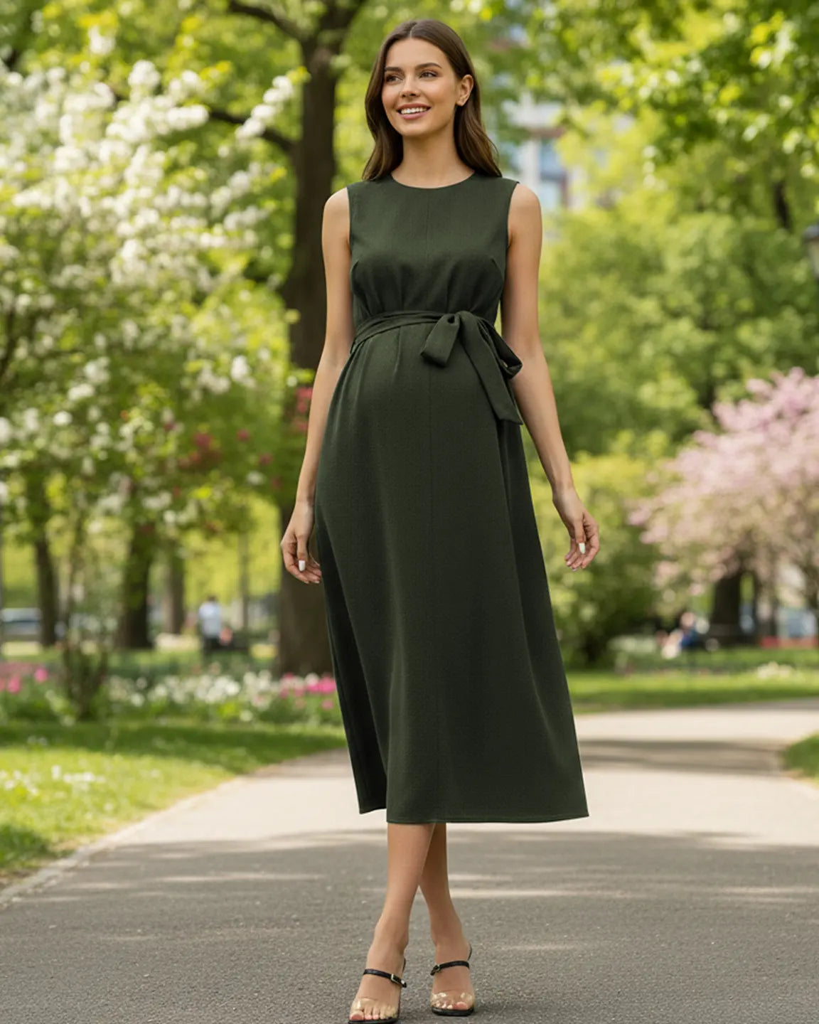 Tie-Waist V-Neck Maternity Midi Dress