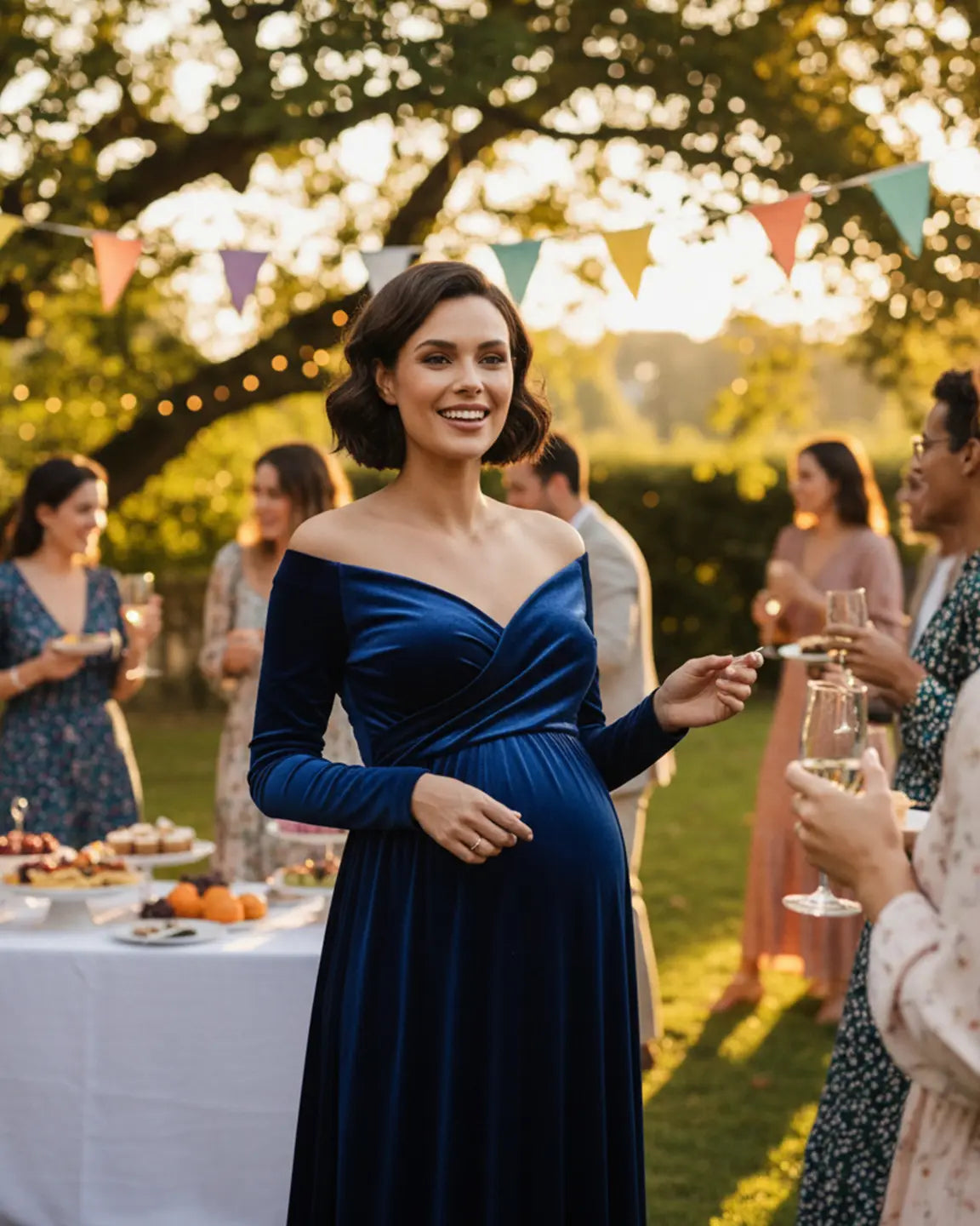 Off-Shoulder Velvet Maternity Gown