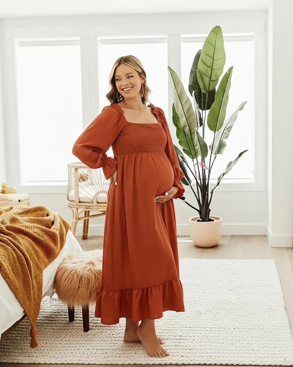 Bishop Sleeves Retro Elegant Maternity Maxi Dress