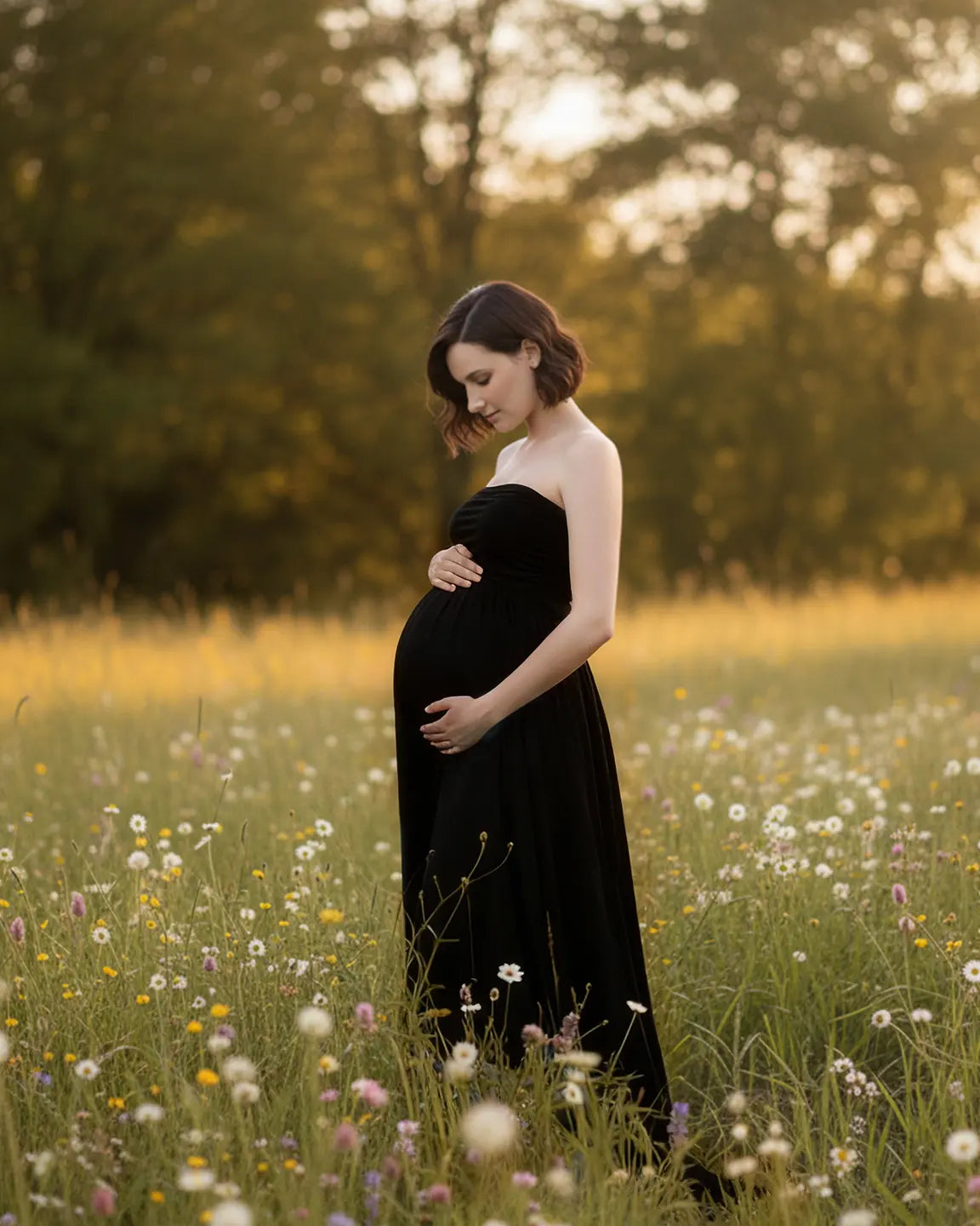 Strapless Ruched Front Slit Maternity Photoshoot Dress