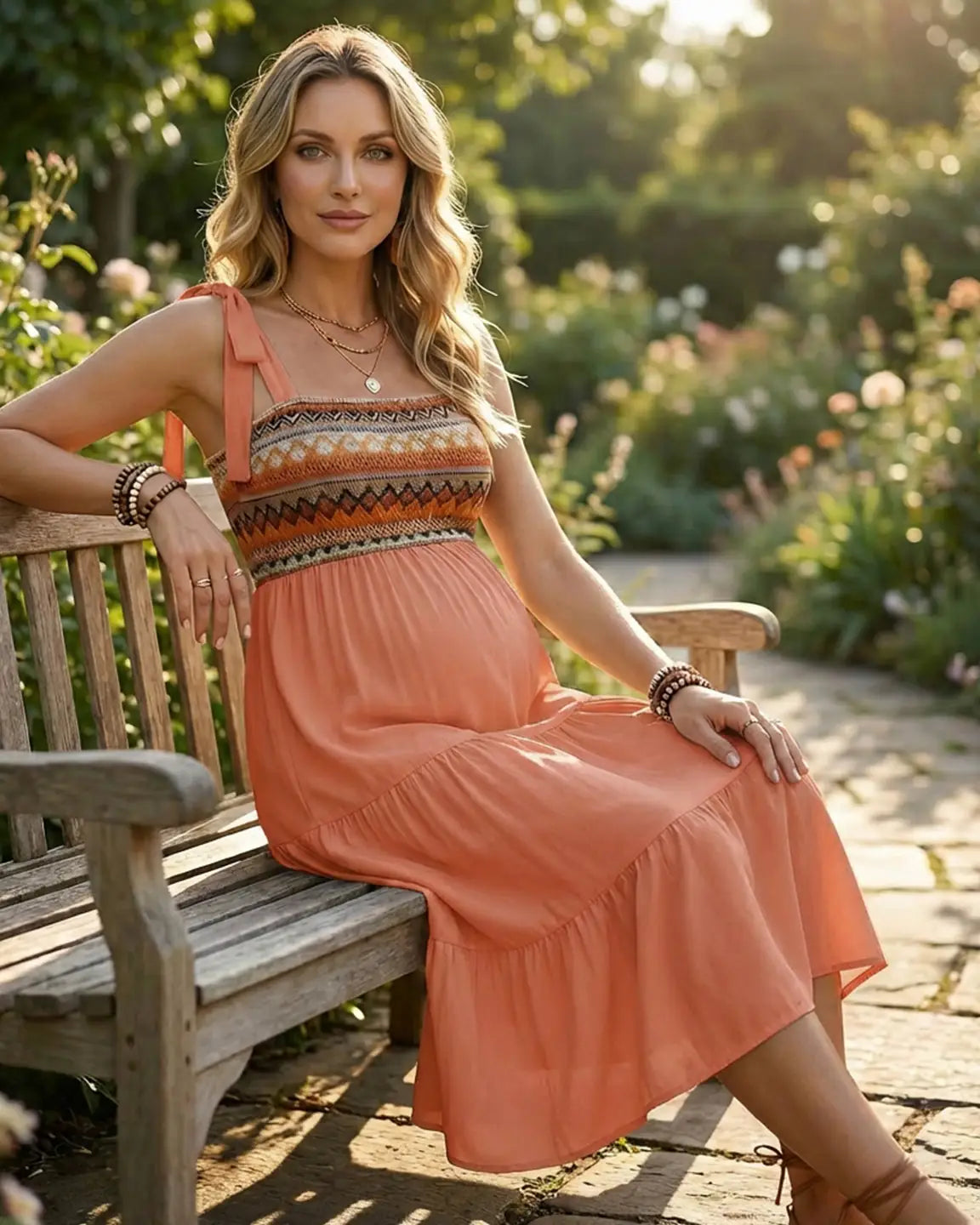 Smocked Ethnic Bodice Tiered A-Line Maternity Sundress