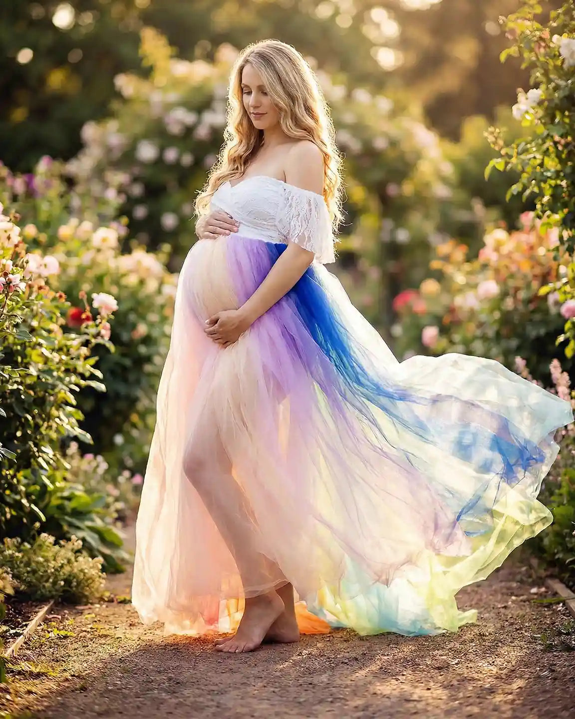 Off-Shoulder Rainbow Tulle Maternity Photoshoot Dress