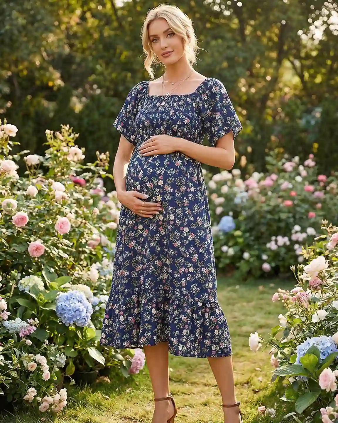 Floral Off Shoulder Maternity Midi Dress