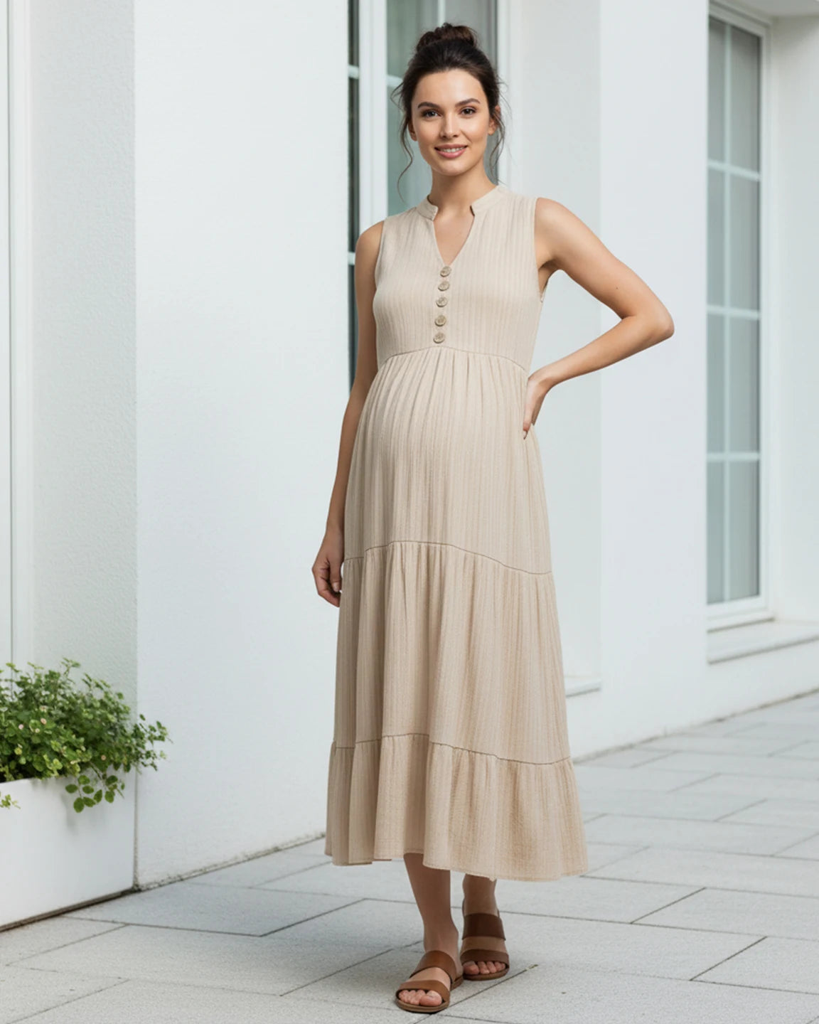 Button-Front Detail Tiered Maternity Midi Dress