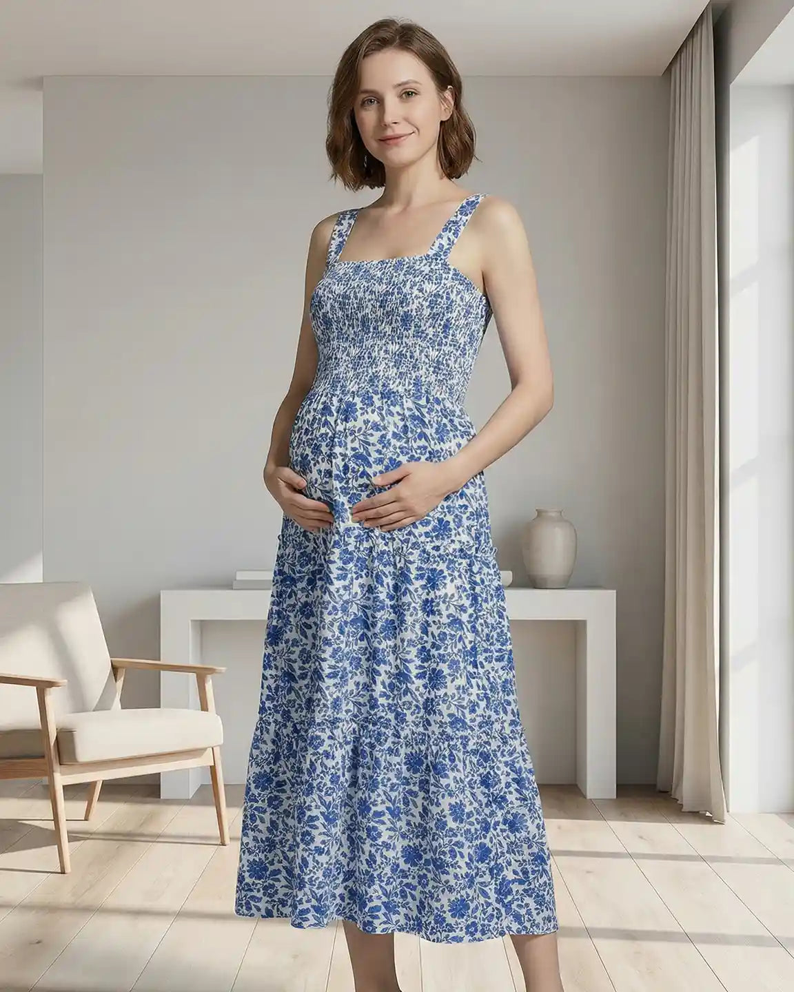 Smocked Floral A-Line Maternity Midi Dress