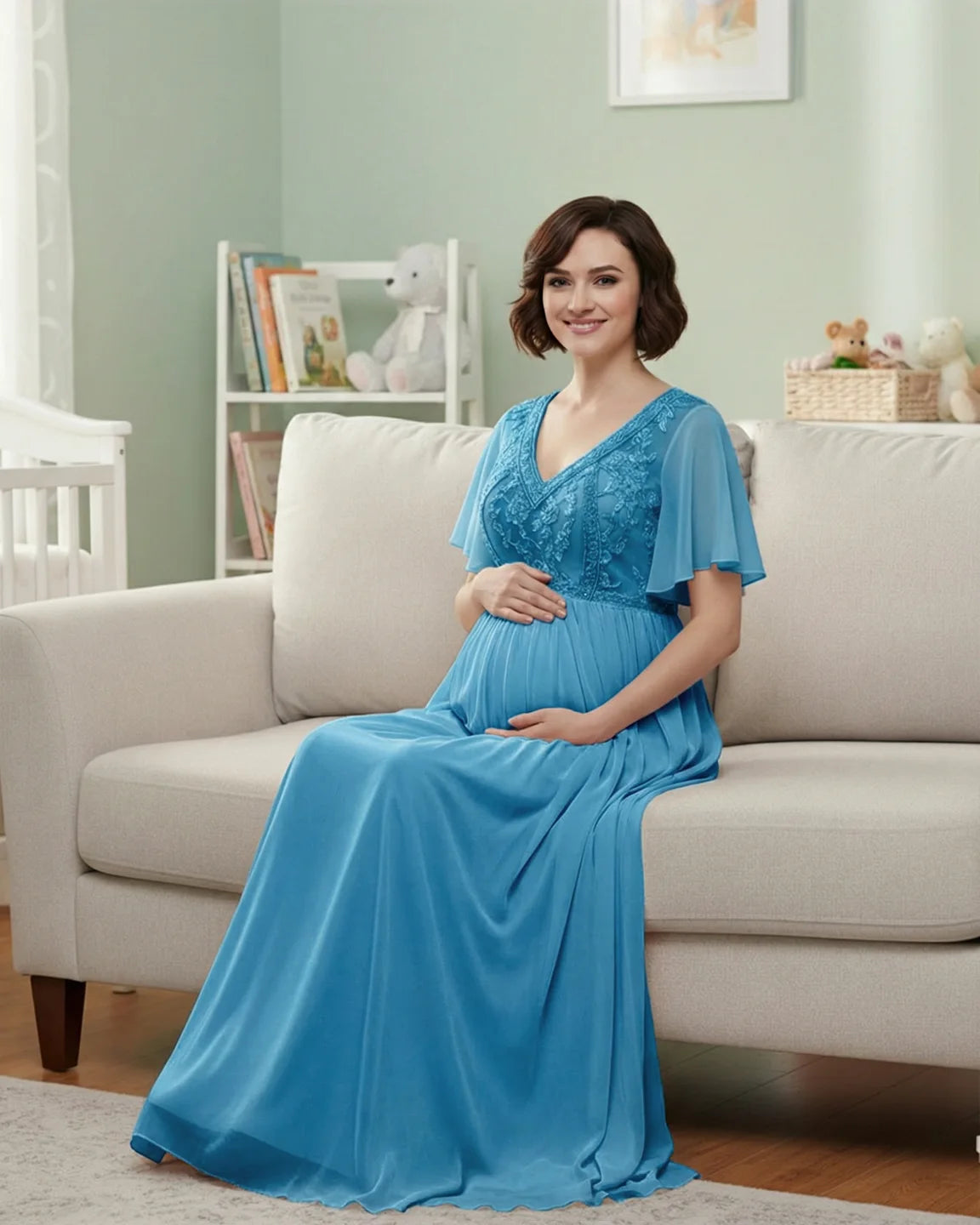 Embroidered Bodice Long Train Maternity Photoshoot Gown