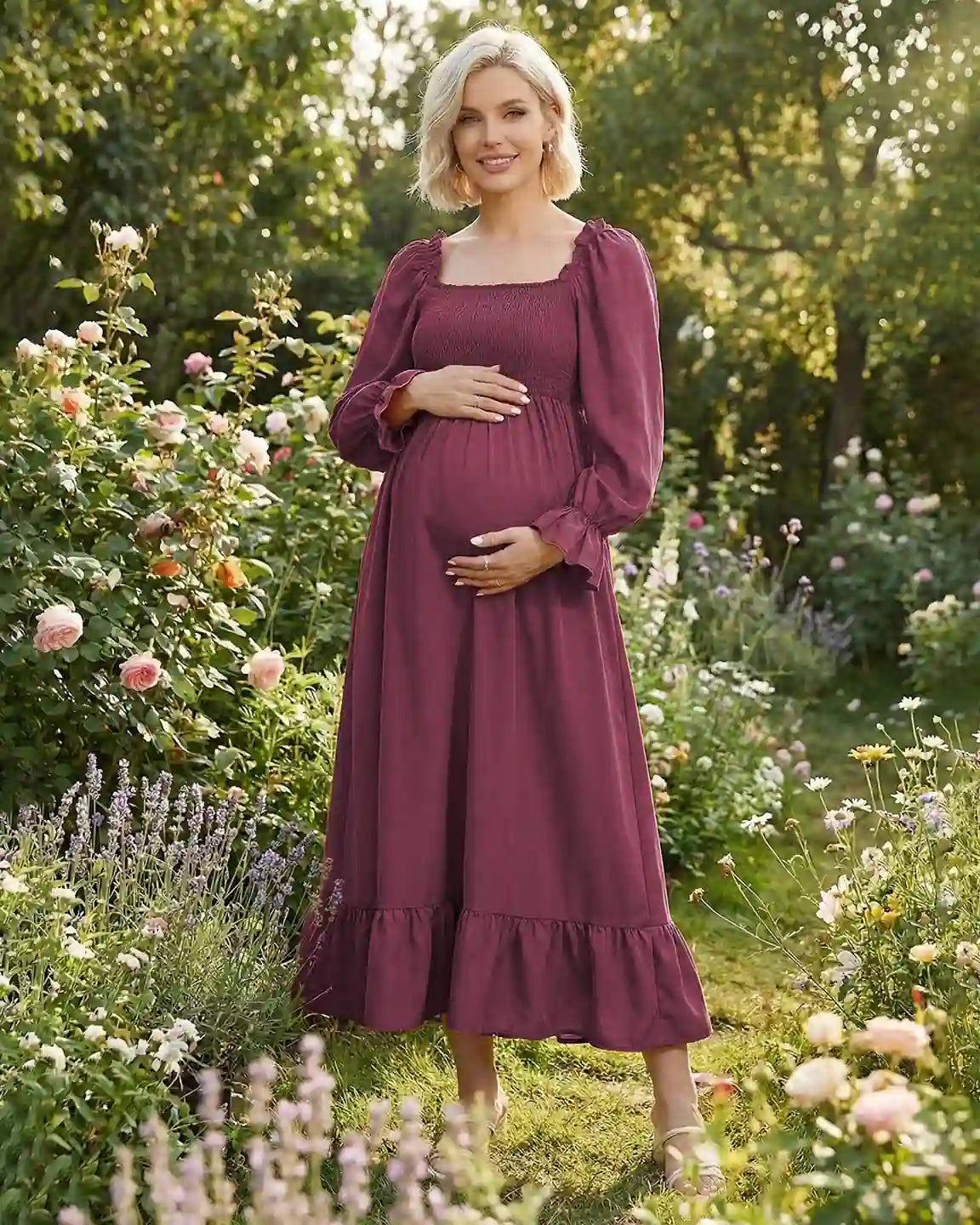 Ruffled Square-Neck Babydoll Maternity Maxi Dress