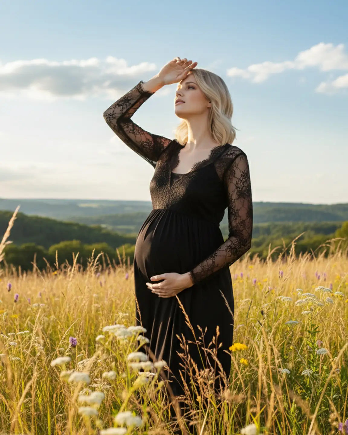 Scalloped Lace Neckline Elegant Maternity Gown