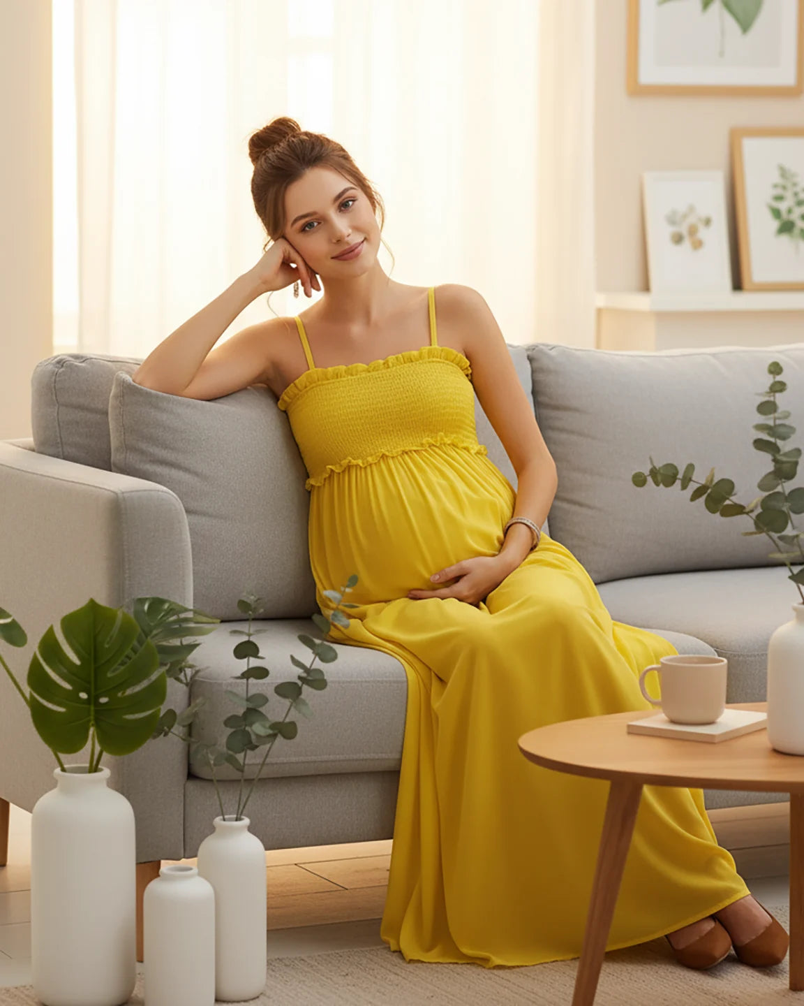 Shirred Spaghetti A-Line Maternity Maxi Dress