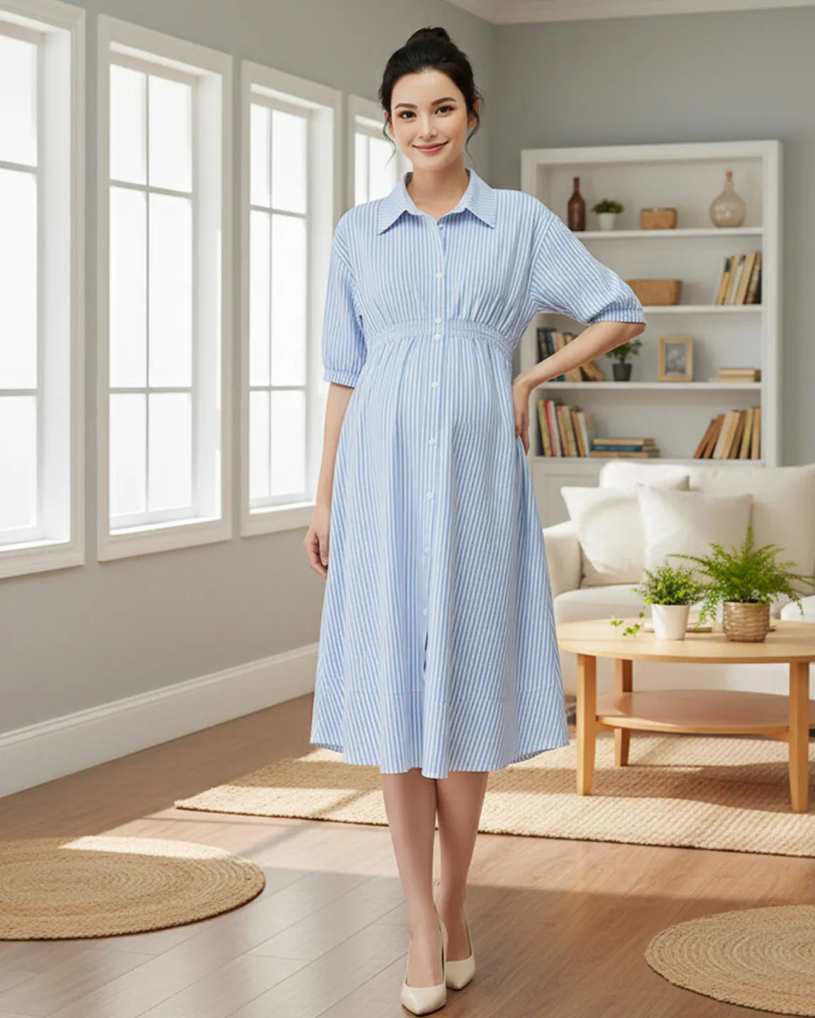 Gathered Waist Striped Shirt Maternity Dress