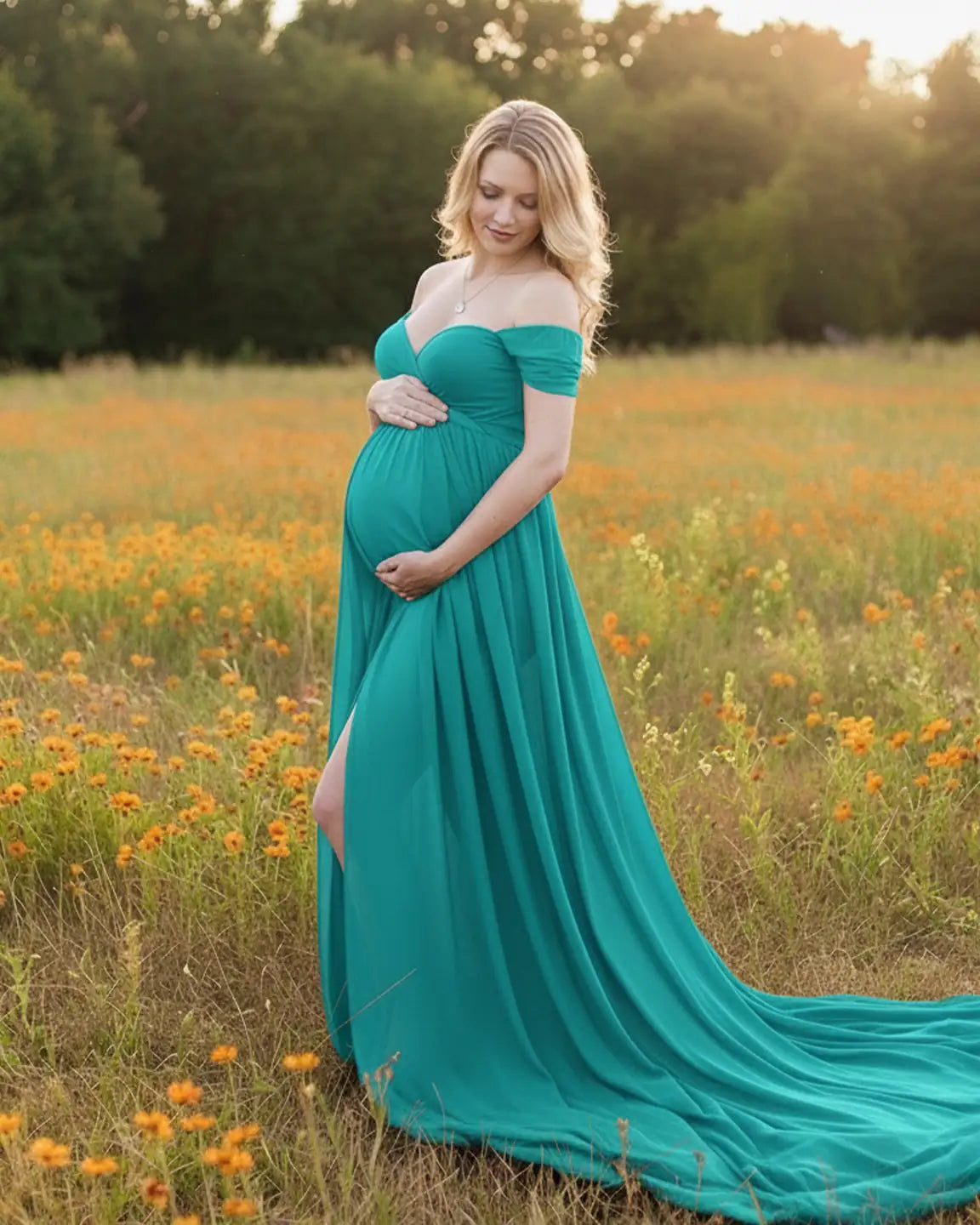 Off Shoulder Laced Flowing Maternity Maxi Dress