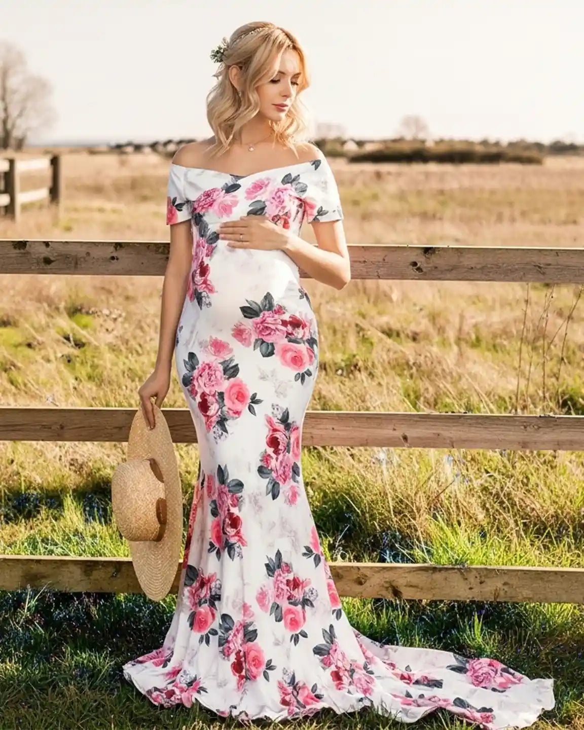 Cross V-neck Floral Print Maternity Maxi Dress