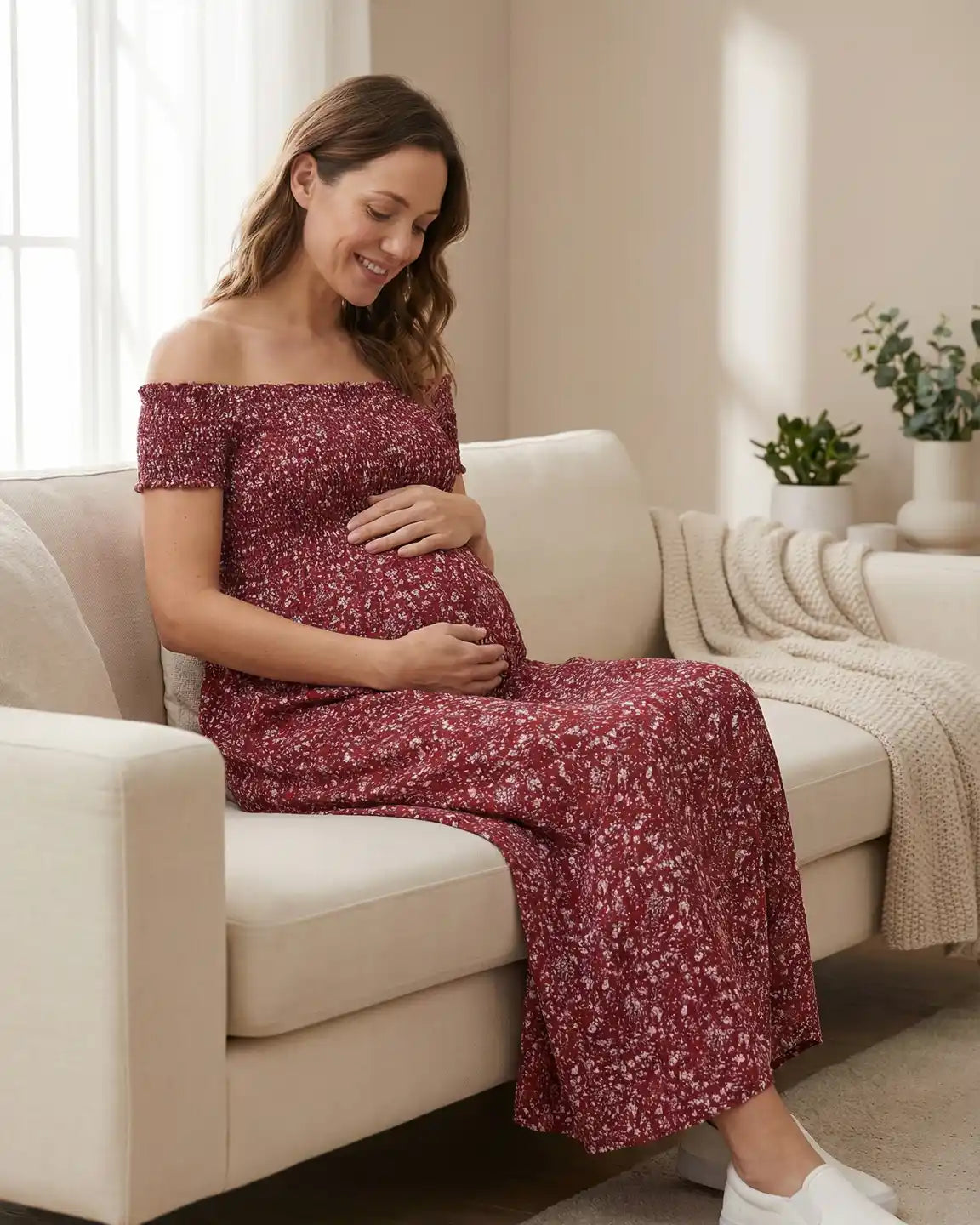 Off-Shoulder Floral Pattern Maternity Maxi Dress