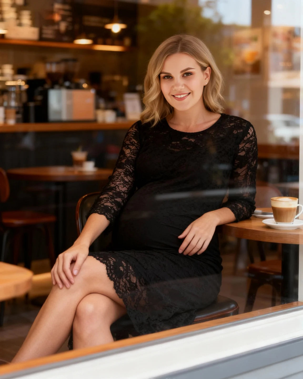 Mid-length Lace Sleeves Maternity & Nursing Dress