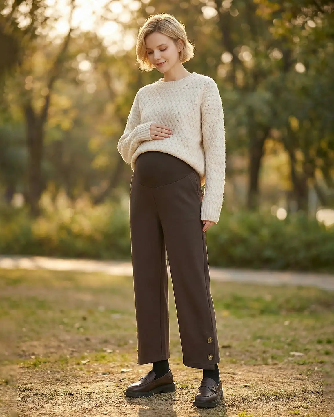Button Detail Cropped Maternity Trousers