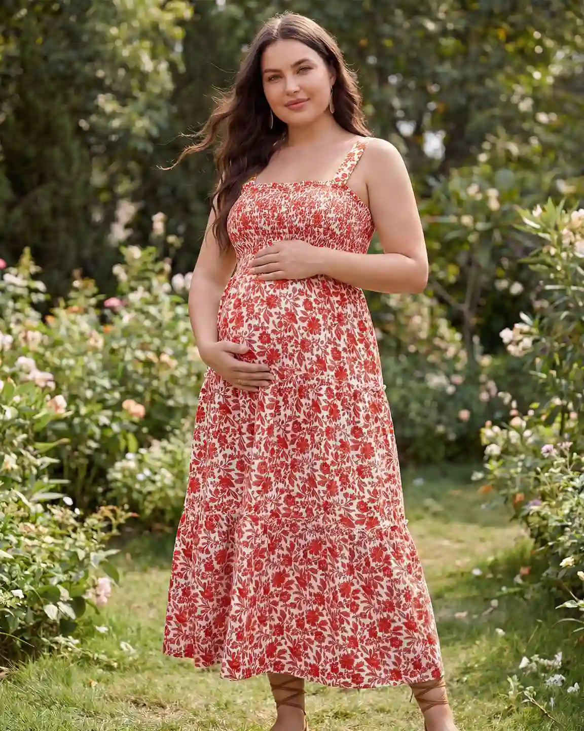 Smocked Floral A-Line Maternity Midi Dress