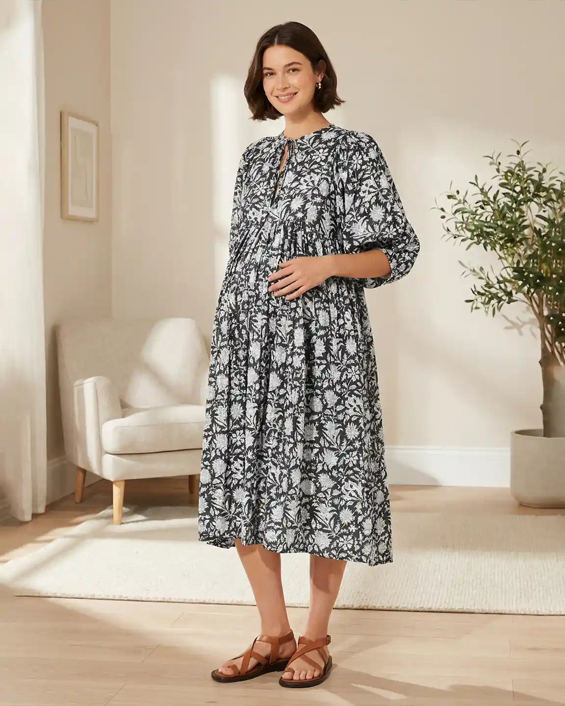 Bow Neck Relaxed Fit Maternity Midi Dress