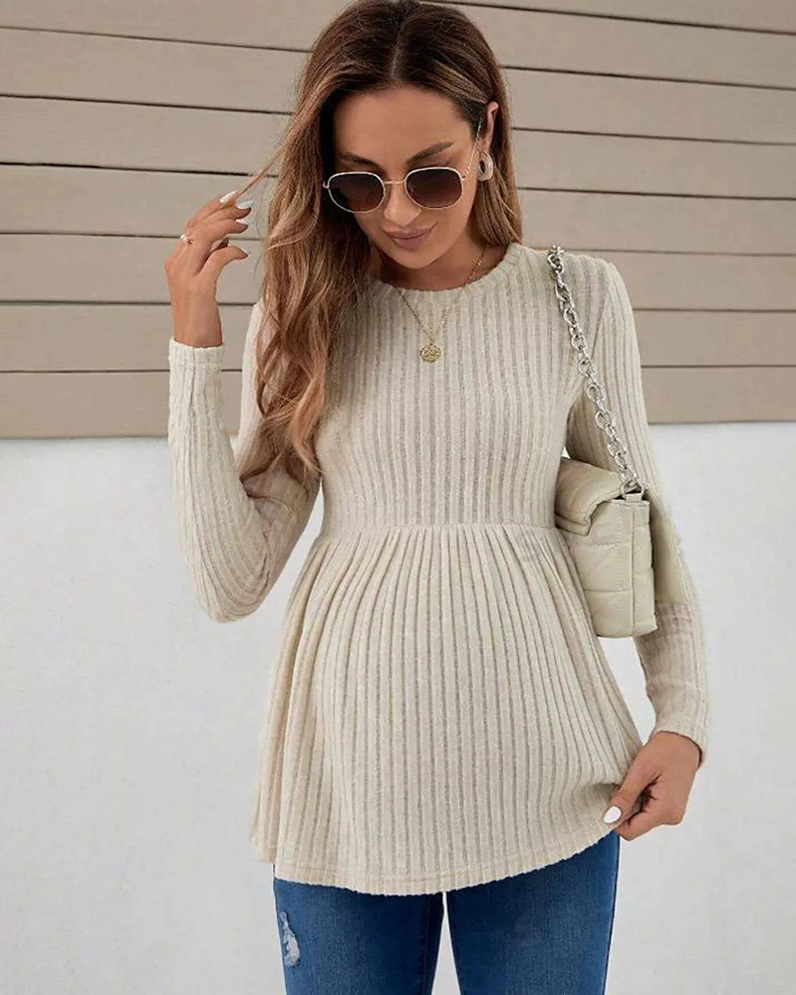 Ribbed Knit Ruffle Hem Maternity Top