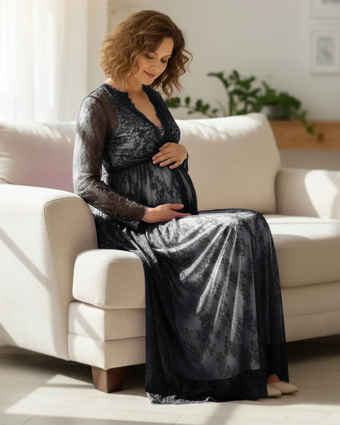Sheer Floral Lace Empire Waist Maternity Maxi Dress