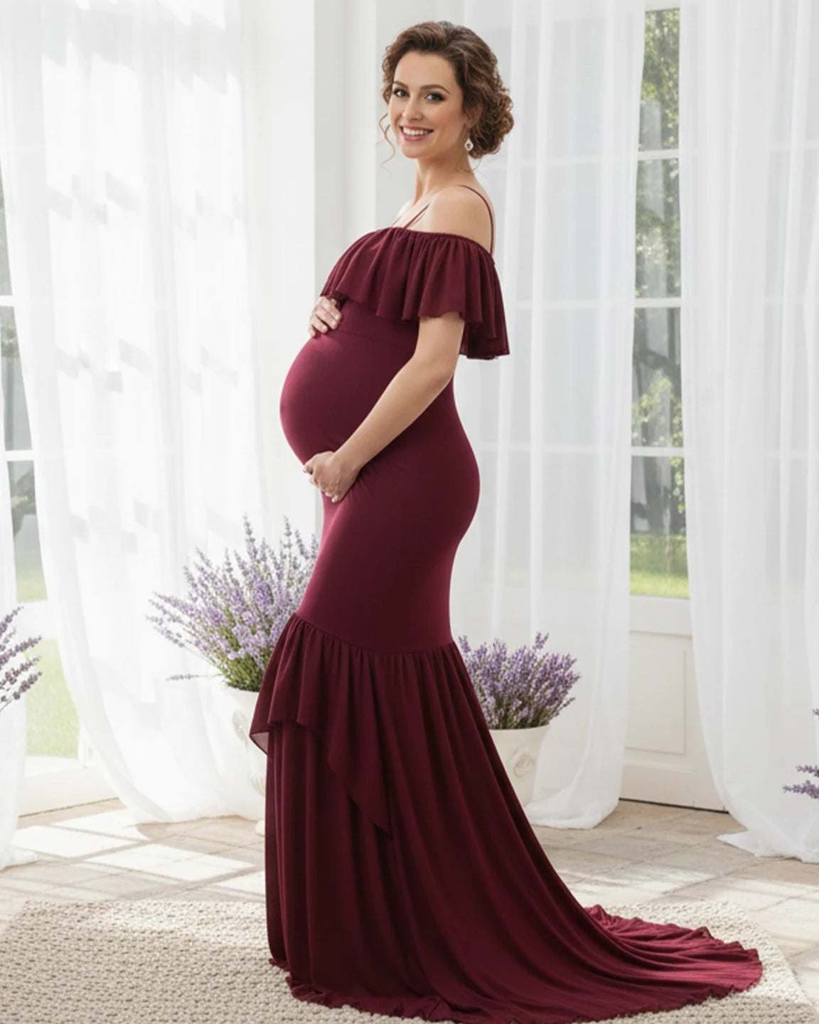 Ruffled Off-Shoulder Mermaid Train Maternity Photoshoot Dress