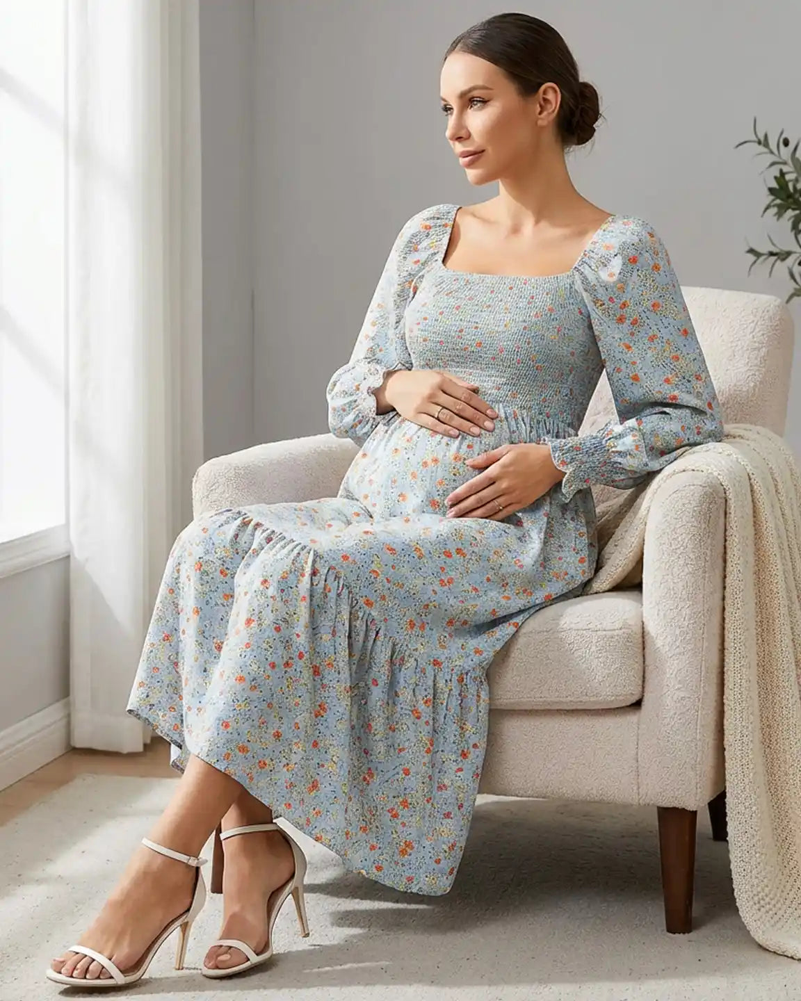 Smocked Bodice Floral Maternity Midi Dress