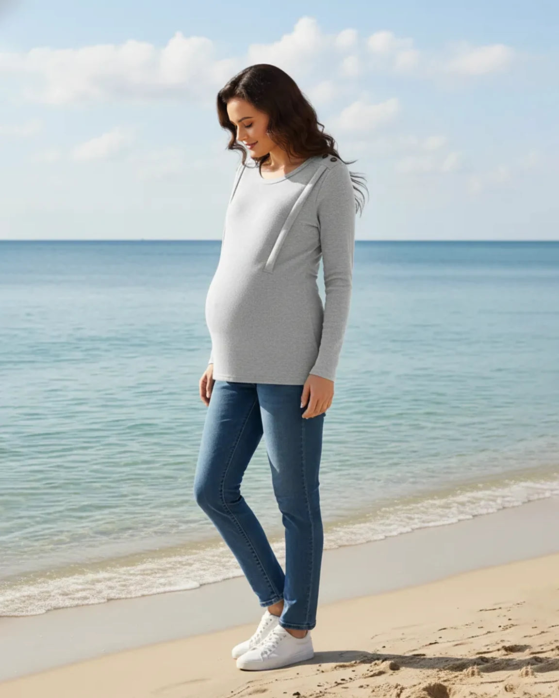 Ribbed Horizontal Zip-Feed Fitted Maternity Shirt