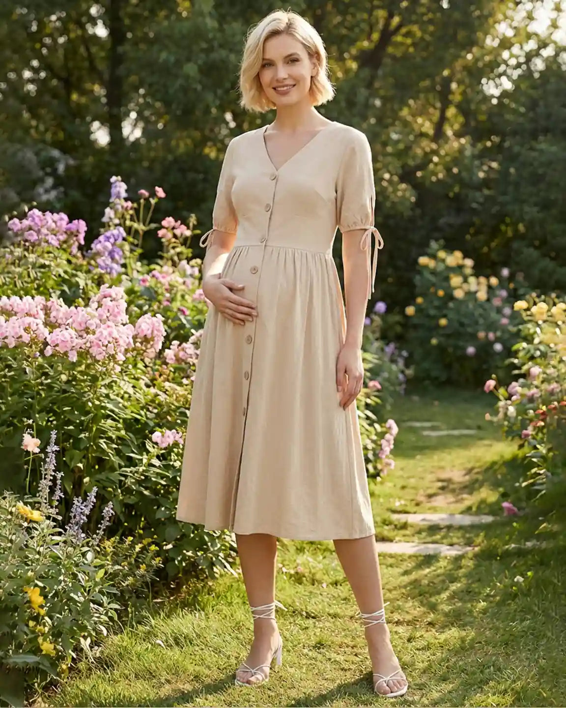 Tie Sleeve A-Line Maternity Midi Dress