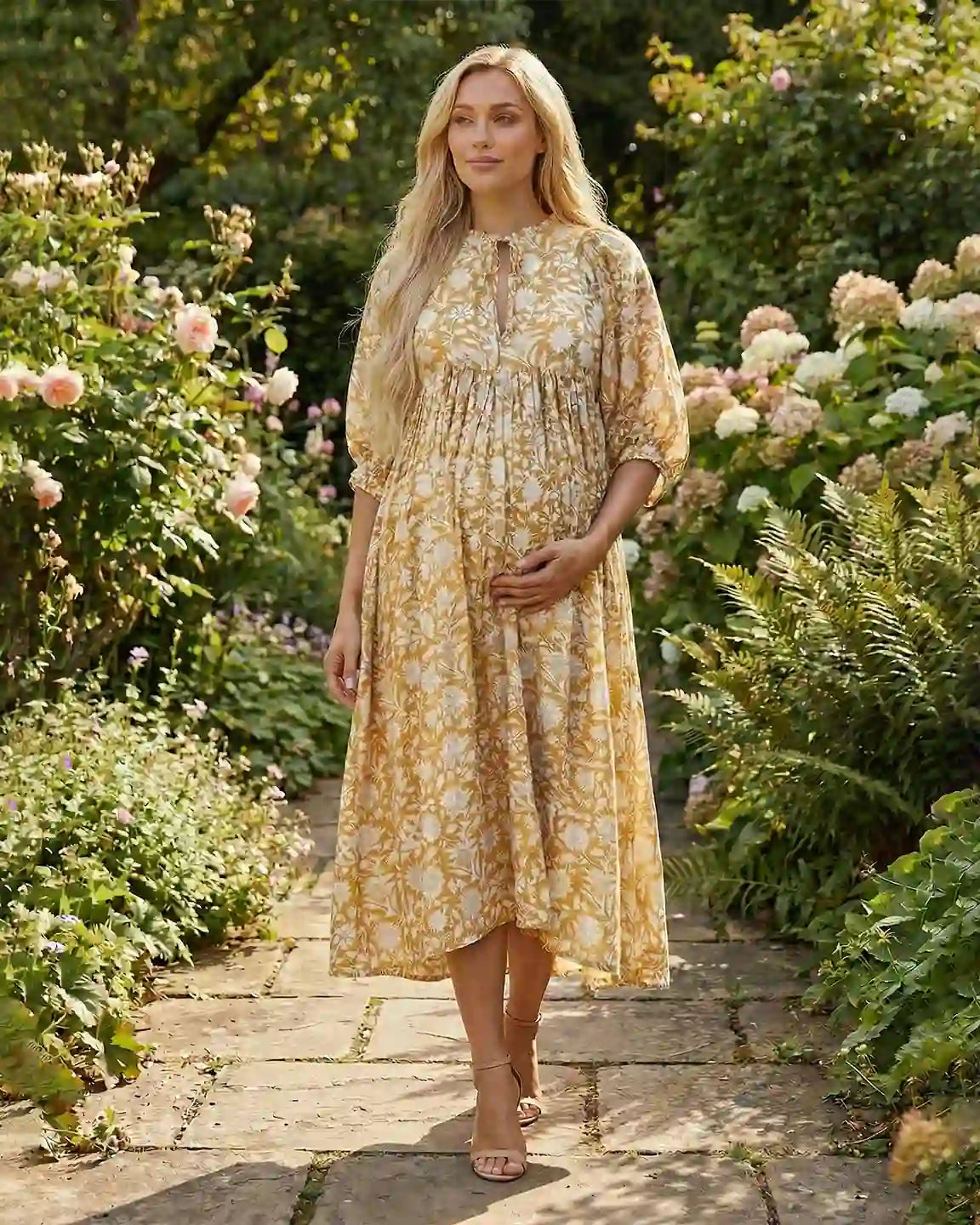 Gathered Waist Floral Print Maternity Midi Dress