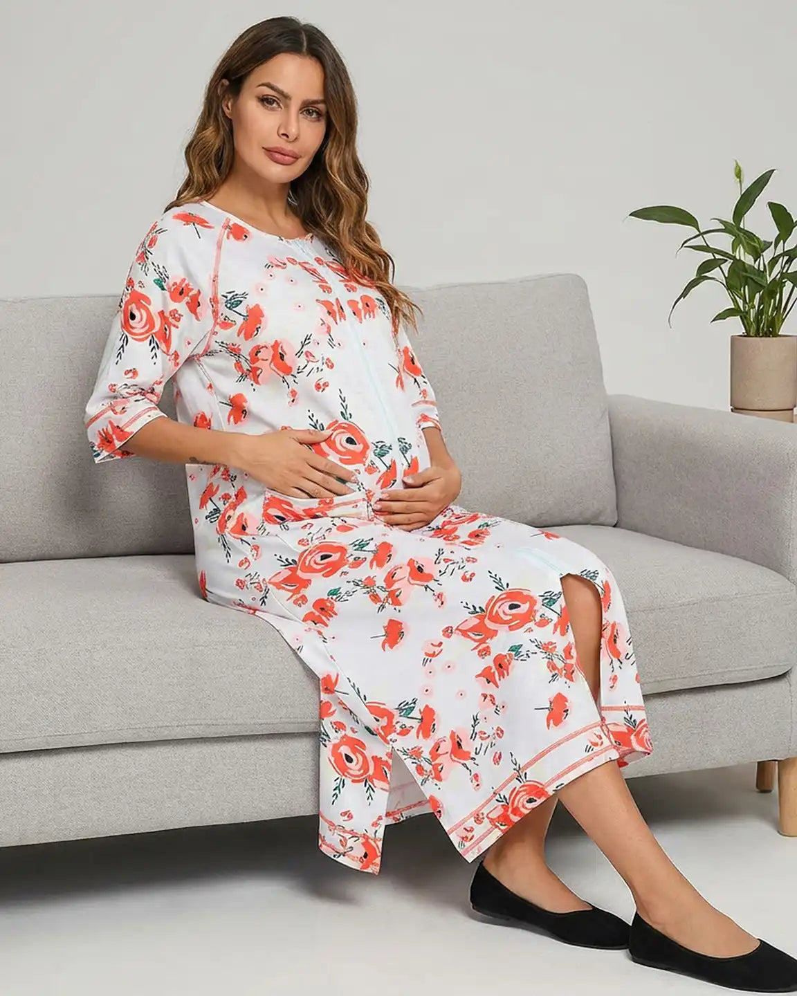 Front Zipper Floral Maternity Nursing Lounge Dress