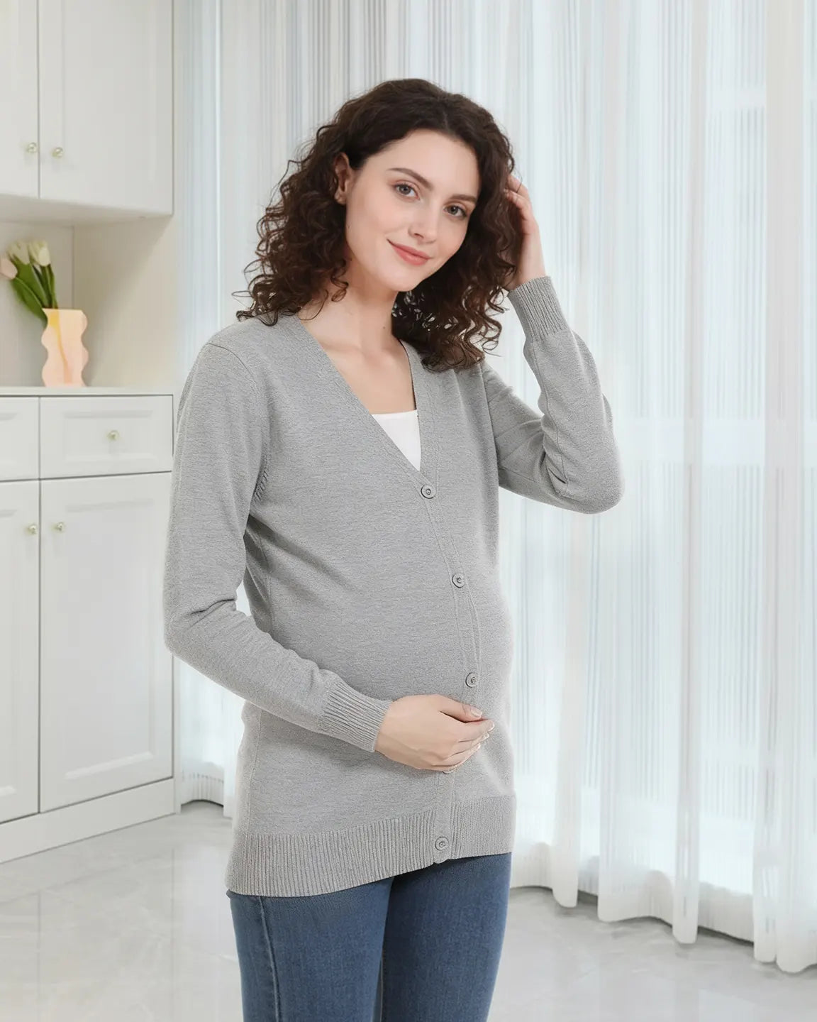 Button-Front V-Neck Maternity Cardigan