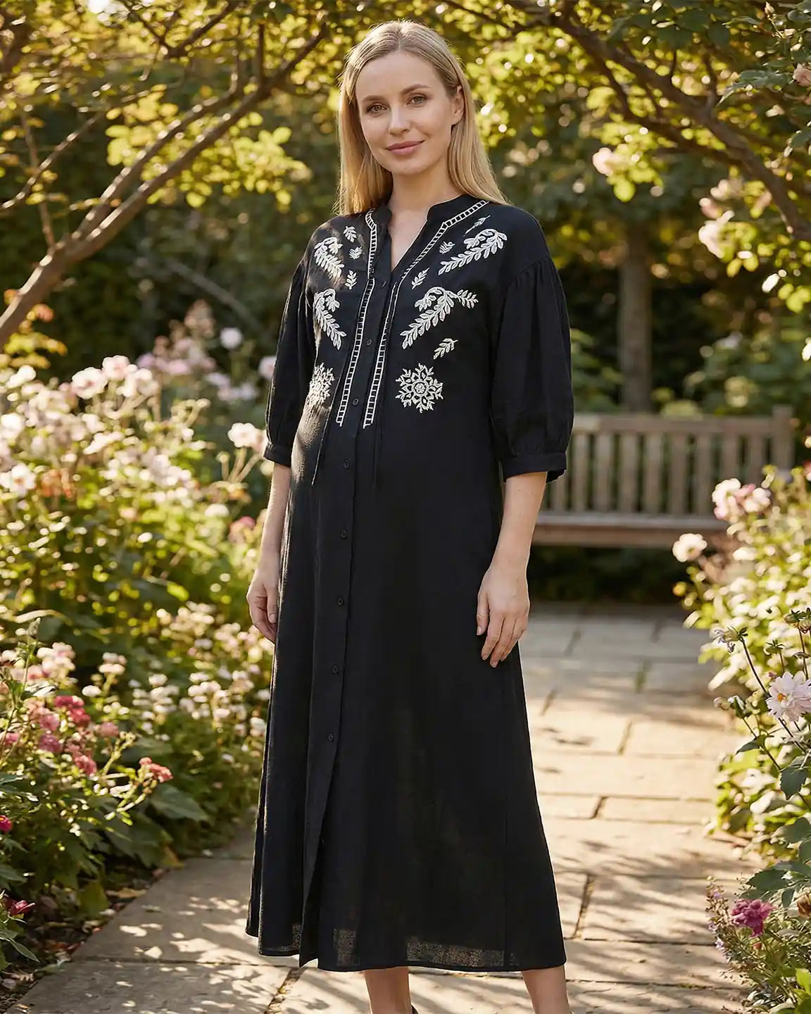 Embroidered Mandarin Collar Loose Maternity Midi Dress