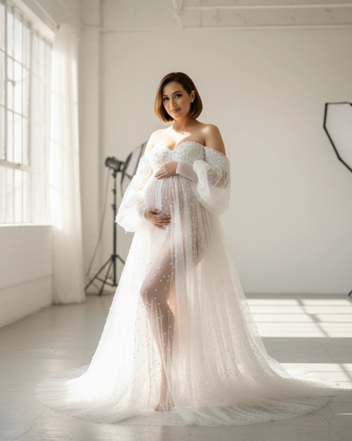 Puff Sleeve Voluminous Skirt Maternity Gown