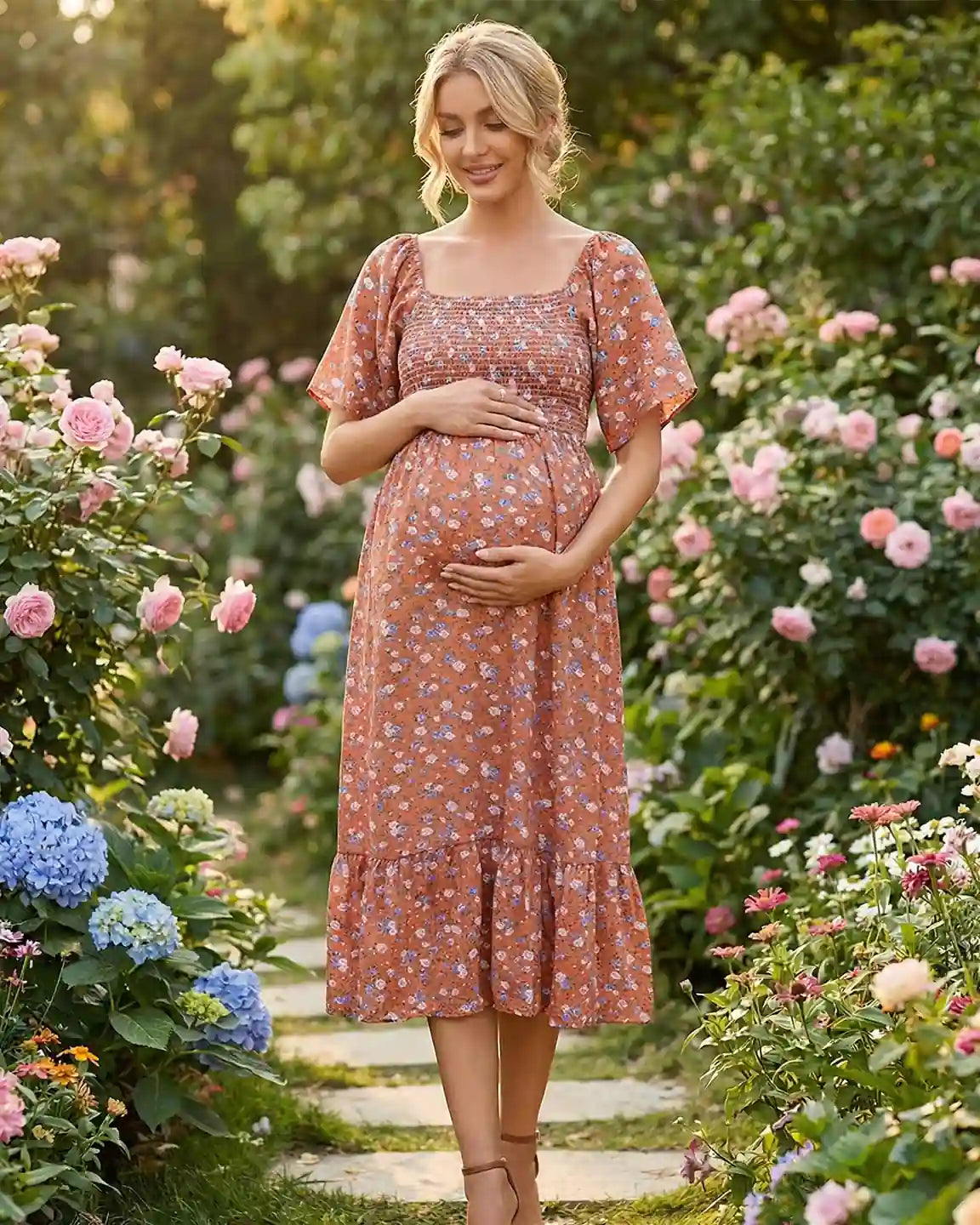 Smocked Ruffled Hem Maternity Summer Dress