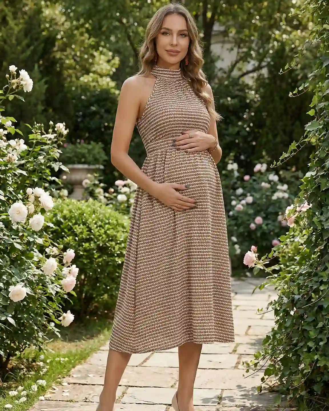 Halter Mock Neck Retro Maternity Midi Dress