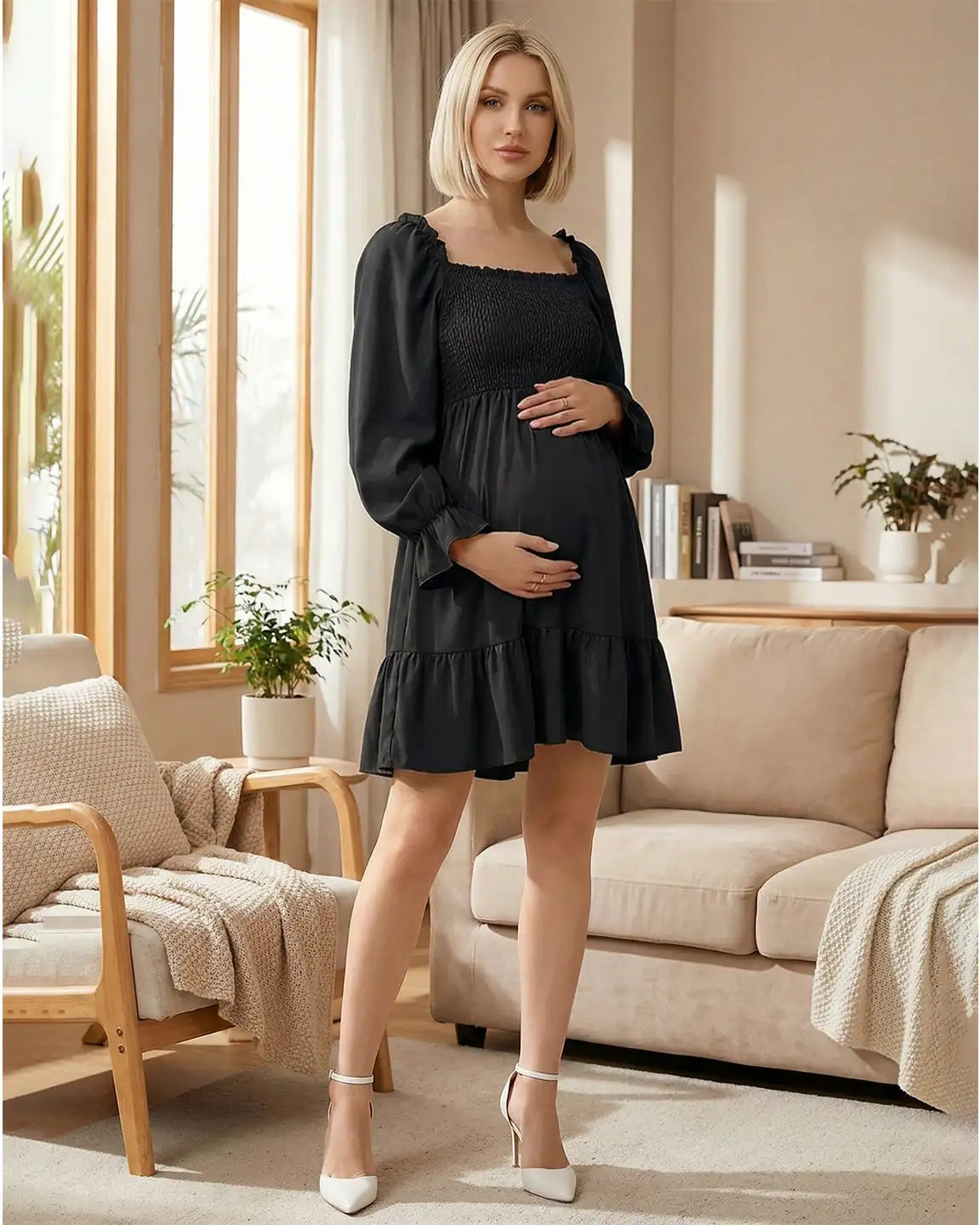 Flared Sleeve Smocked Babydoll Maternity Dress