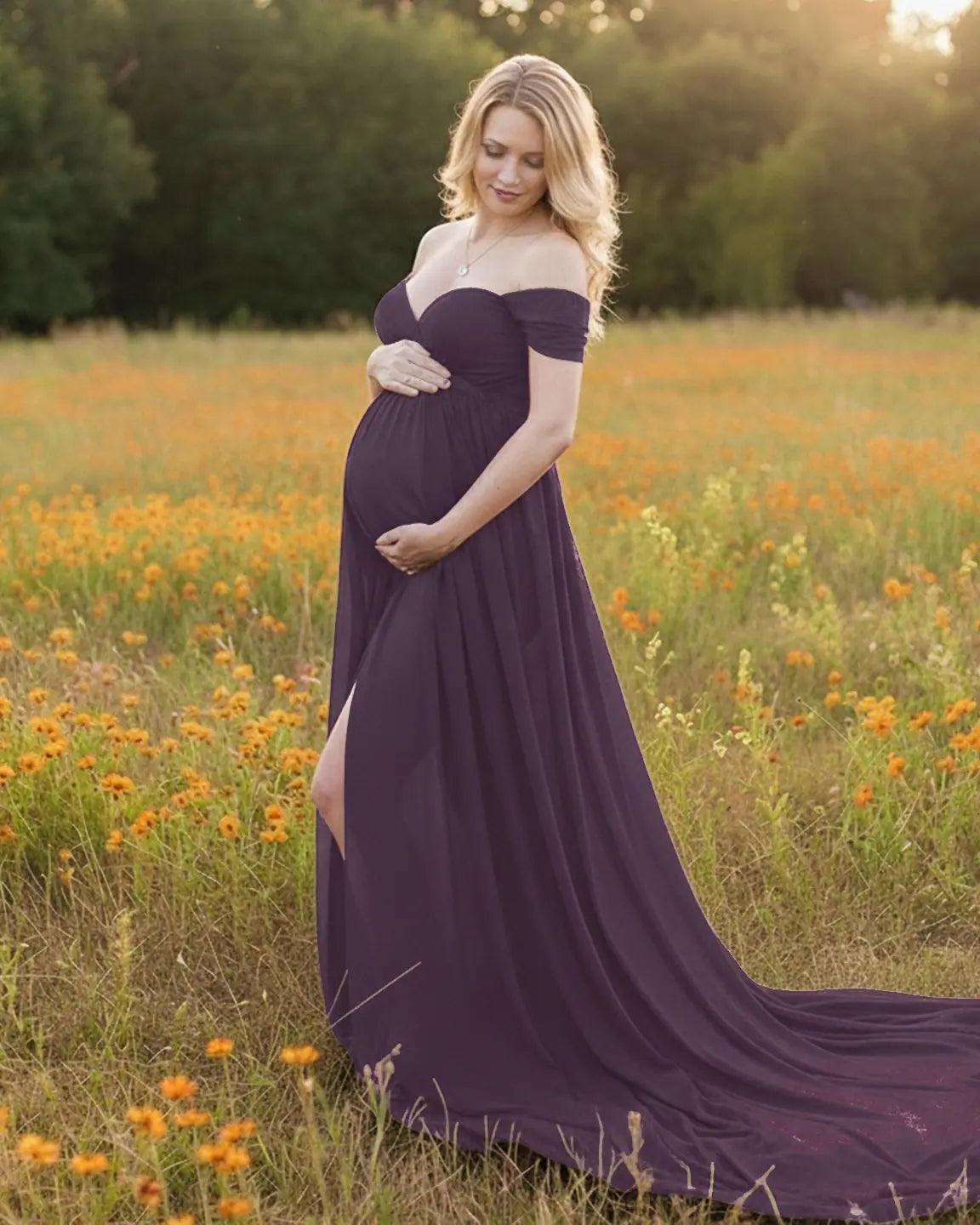 Off Shoulder Laced Flowing Maternity Maxi Dress