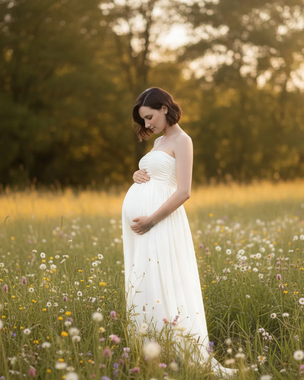 Strapless Ruched Front Slit Maternity Photoshoot Dress