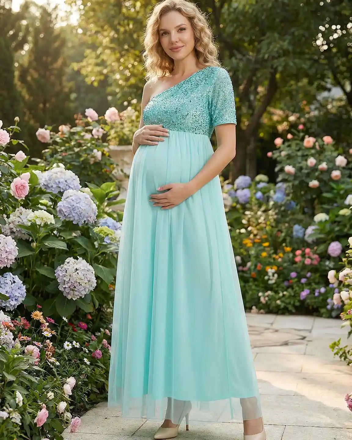 Sequin One-Shoulder Flowy Maternity Maxi Dress