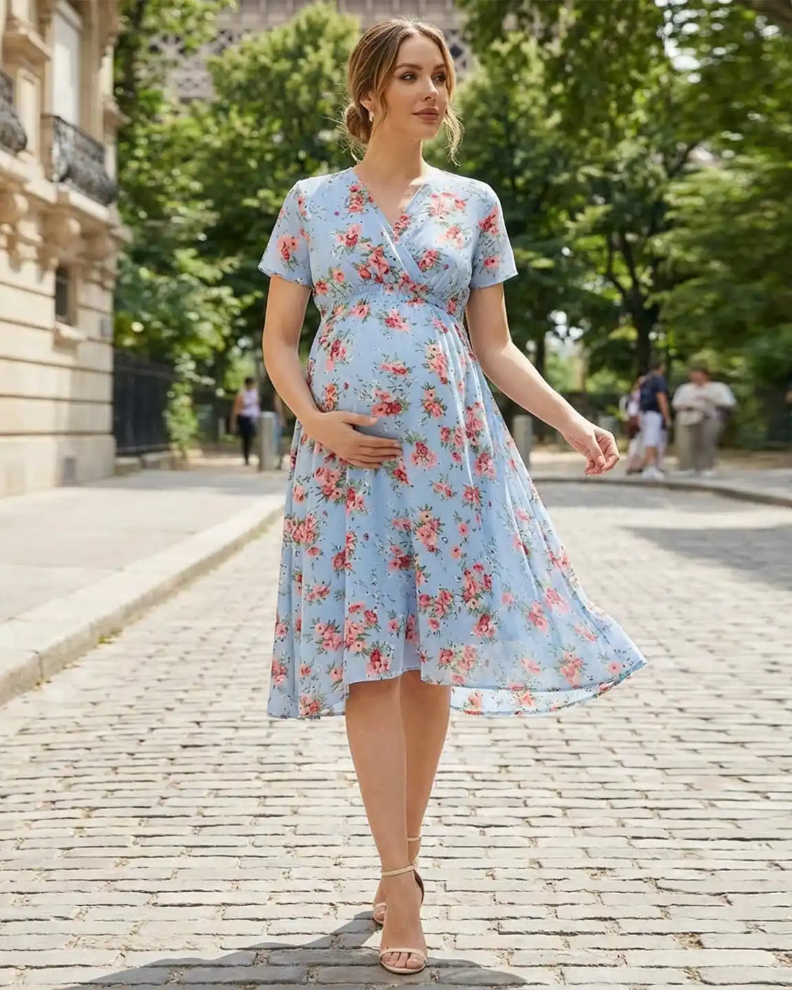 Chiffon Fabric Floral Print Maternity Midi Dress