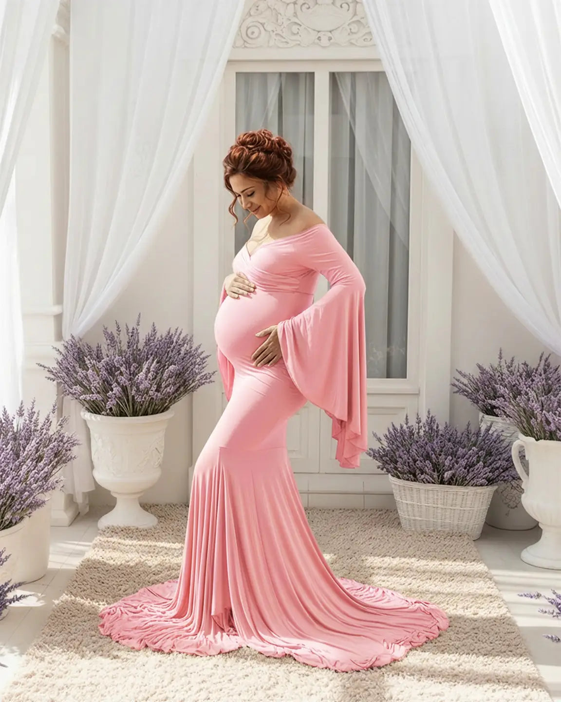Flared Sleeve Fishtail Train Maternity Photoshoot Dress